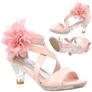 Kids Dress Sandals Strappy Rhinestone Flower Clear High Heel Shoes Pink SZ 1