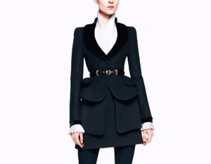 Alexander McQueen PF/12 Black Wool & Cashmere Velvet-Collar Peplum Blazer, Sz M - Picture 1 of 11