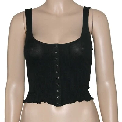 Camiseta corta sin mangas con cuello redondo acanalada azul rubor frontal a presión negra Foto 1 de 4