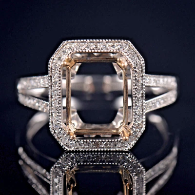 Custom Natural Diamond Vintage Women Ring Semi Mount 14K Gold Emerald Cut 10x8MM - Image 1 of 4