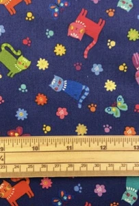 Fat Quarter Katie's Cats Rainbow Cats Scattered Flowers Dark Blue Cotton Fabric - Picture 1 of 1