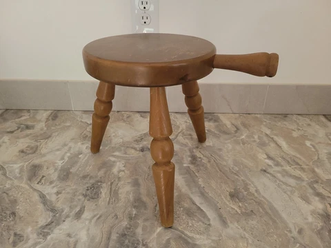Birch 3 Leg Handled Milking Stool / Footstool El Segundo Calif. Authentic Cover
