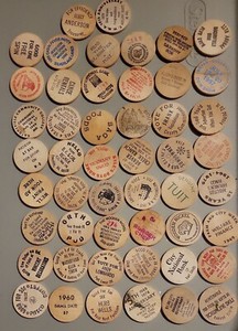 Group of 50 Miscellaneous Wooden Nickels - commercial, political, coin clubs