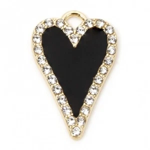 5 Black Valentine Love Heart Gold Tone Pendants with Micro Pave Rhinestones - Picture 1 of 1