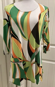 Retro Hippie Sexy Pretty Woman Tunic SZ XL Psychedelic Greens & Oranges Unique - Picture 1 of 19