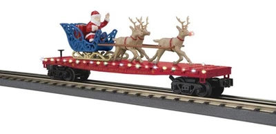 MTH O RailKing North Pole Maroon Flat Car LED Lights Sleigh Reindeer New In Box - Image 1 of 2