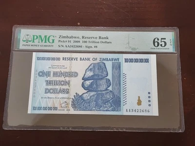 Billete de 100 billones de dólares de Zimbabue, 2008 P-91 PMG 65 EPQ gema sin circular #3 Foto 1 de 4