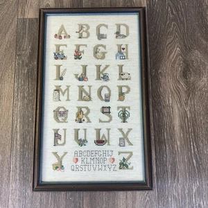 Vintage 1987 signiert gerahmt fertig Kreuzstich ABC Alphabet Sampler 17”x10,5” - Bild 1 von 14