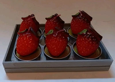 Set of 6 Strawberry Shaped Tea Light Candles in Wooden Box - Image 1 of 4