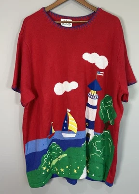 NWT Quacker Factory Short Sleeve Red Sweater Women's Size 3XL Lighthouse QVC - Image 1 of 4