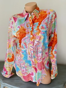 Chaps Ralph Lauren Shirt Blouse Top L Tropical Coastal Fun Paisley Print - Picture 1 of 8