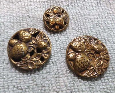 3 Vintage Antique Metal Picture Buttons STRAWBERRIES - Image 1 of 4