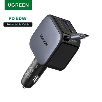 UGREEN 60W Nexode Car Charger Retractable Cable USB-C QC PD 3.0 For iPhone Mac - Image 1 of 4
