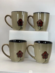 Pfaltzgraff Studio Aster Coffee Mugs Set of 4 Floral Tan Red Flower Stoneware - Picture 1 of 5