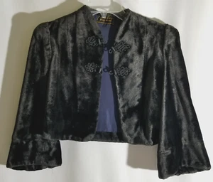 Vintage Seal Plush Coat Jacket Black Velvet Feel Short Dressy Fully Lined - Picture 1 of 13