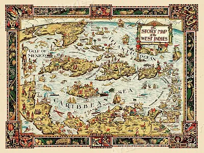 Story Of The West Indies 1936 Vintage Style Caribbean Map - 24x32 • 40.78$