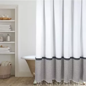 Modern Farmhouse Tassel Shower Curtain 100% Cotton Striped Fabric Shower Curt... - Picture 1 of 6
