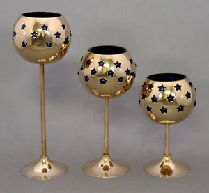 Votive Candle Holder Brass Blue Glass Liner, Star Cutouts 4"D  7-9-11"Tall Set/3 - Picture 1 of 6