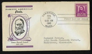 #866 3c Famous Americans - Poet James Russell Lowell - Linprint FDC - Picture 1 of 2