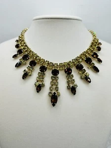 Vintage Root Beer Topaz Aurora Borealis Rhinestone Art Glass Fringe Bib Necklace - Picture 1 of 15