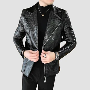 Men's Black Python Embossed Leather Biker Jacket - Luxury Snakeskin Moto Coat - Picture 1 of 5