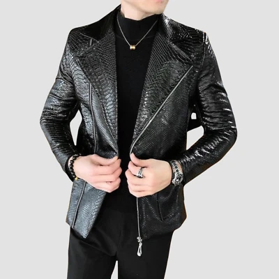 Men's Black Python Embossed Leather Biker Jacket - Luxury Snakeskin Moto Coat - Image 1 of 4