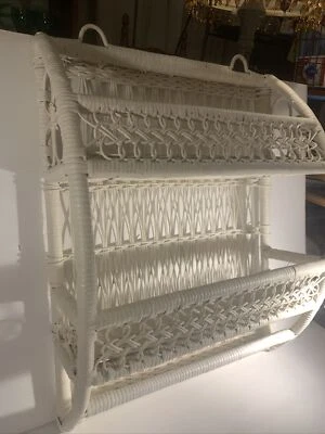 Vtg White Wicker Wall Shelf Display Storage French Country Cottage Core 21x16x7” - Image 1 of 4
