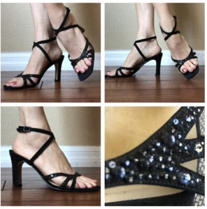 Vintage Caparros Black Sequin Ankle Strap Heels Sandals Size 8B - Picture 1 of 21