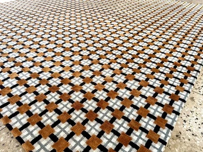 Alfombra de área moderna geométrica acolchada a mano con rejilla marrón 9x12 pies para sala de estar Foto 1 de 4