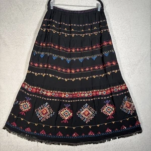 Chicos Sz 2 Black Maxi Skirt Tasseled Embroidered Southwestern Boho Coin Hem L - Picture 1 of 15