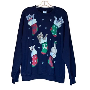 Faux Nadelspitze Katzen in Strümpfen Weihnachten Sweatshirt, blau, Größe Lg, gebraucht, in einwandfreiem Zustand - Bild 1 von 3