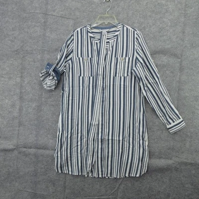 Camisa feminina Tommy Bahama pequena listrada azul branca tencel bolsos manga longa - Imagem 1 de 4