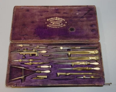 Unique Vintage Cased Drafting Set Brass Drawing Instruments Compass Dividers Pen - Image 1 of 4