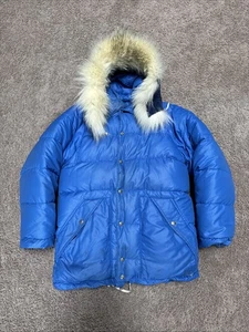 VTG REI BLUE EXPEDITION DOWN PUFFER JACKET MENS SMALL 1970s WOLF HOOD INTUIT - Picture 1 of 13