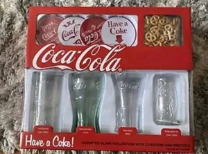 Coca Cola Glass Collector Set, 4 Glasses, Coasters Set and Pretzels - Picture 1 of 2