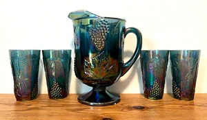 Vintage Minty Indiana Carnival Glas Ernte Traube & Blätter Krug mit 4 Bechern - Bild 1 von 6