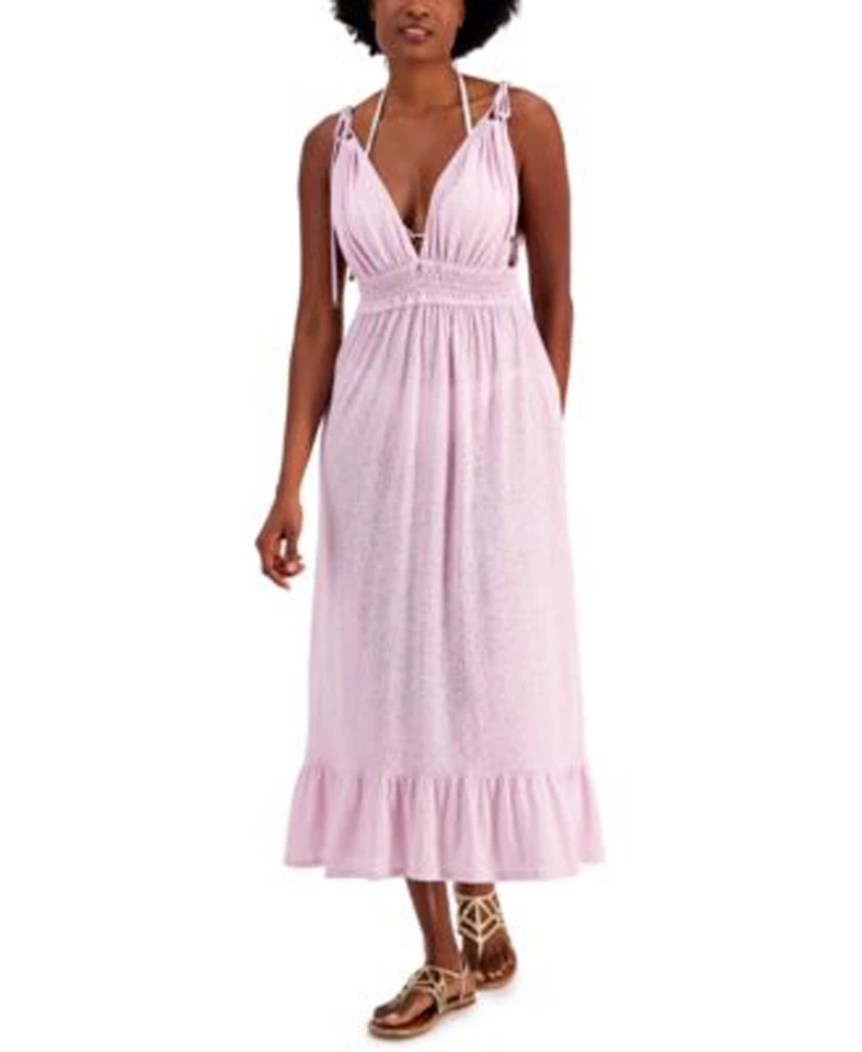 Miken Women Purple Smocked Midi Dress Cover Up Swimsuit Size M