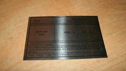 1966 LINCOLN CONTINENTAL TIRE PRESSURE DECAL SEDAN/COUP - Image 1 of 1