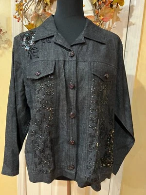 David Dart Denim Jacket Heavy Shirt Womens Sequined Button Up Long Sleeve Foto 1 de 4