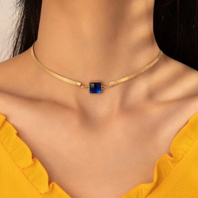 Blue Sapphire Square Design Zirconia  Snake Bone Design Gold Filled Necklace - Image 1 of 4