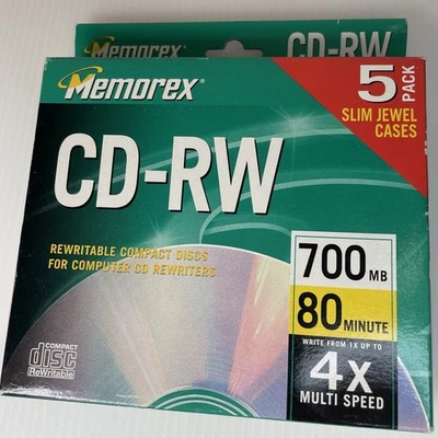 五 (5 包) Memorex 可重写 CD-RW 4X 700MB 80 分钟珠宝盒 — 第 1/2 张图片