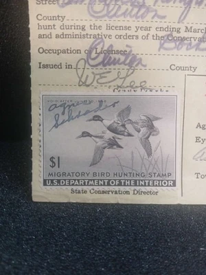 1945 US Federal Duck Stamp RW12 $1 Migratory Bird Hunting Signed - Image 1 of 3