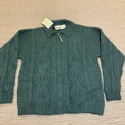 Vintage Aran Crafts Irish 100% Merino Wool Green Cable Knit Full Zip Sweater L - Image 1 of 4