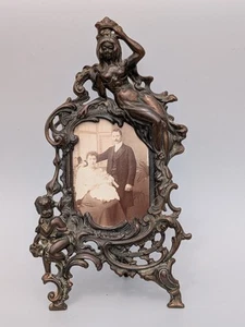 Antique c1900 French Art Nouveay Heavy Bronze Picture Photo Frame Lady Cherub - Picture 1 of 17