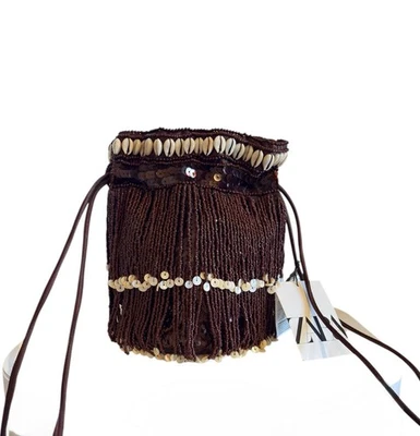 Zara Boho Beaded Shell Fringe Drawstring Mini Bucket Bag Brown Sequin NWT New - Image 1 of 4