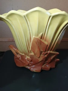McCoy Vintage Pottery Fan Vase Yellow/Brownish Hue, 8.5"/10"! - Picture 1 of 19