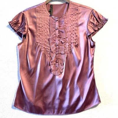 Antonio Melani Sz 4 Silk Ruched Pintuck Ruffle Cap Sleeve Career Blouse Top - Image 1 of 4