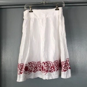 Ladies Sz 4 White lined 100% Linen Skirt Red Floral Embroidery Side Zip - Picture 1 of 5