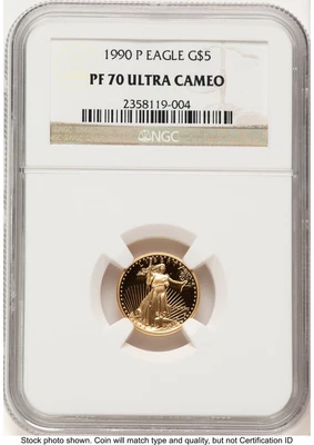 1990-P Proof Gold Eagle 1/10 oz etiqueta marrom NGC PF70 - Imagem 1 de 2