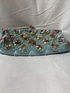 Small Beaded Clutch Evening Bag Formal Light Blue Satin Silver Closure - Picture 1 of 12